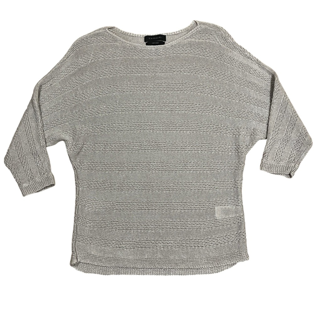 Tahari 100% Linen Knit Sweater Beige Batwing 3/4 Sleeve M Lagenlook Neutral Boho